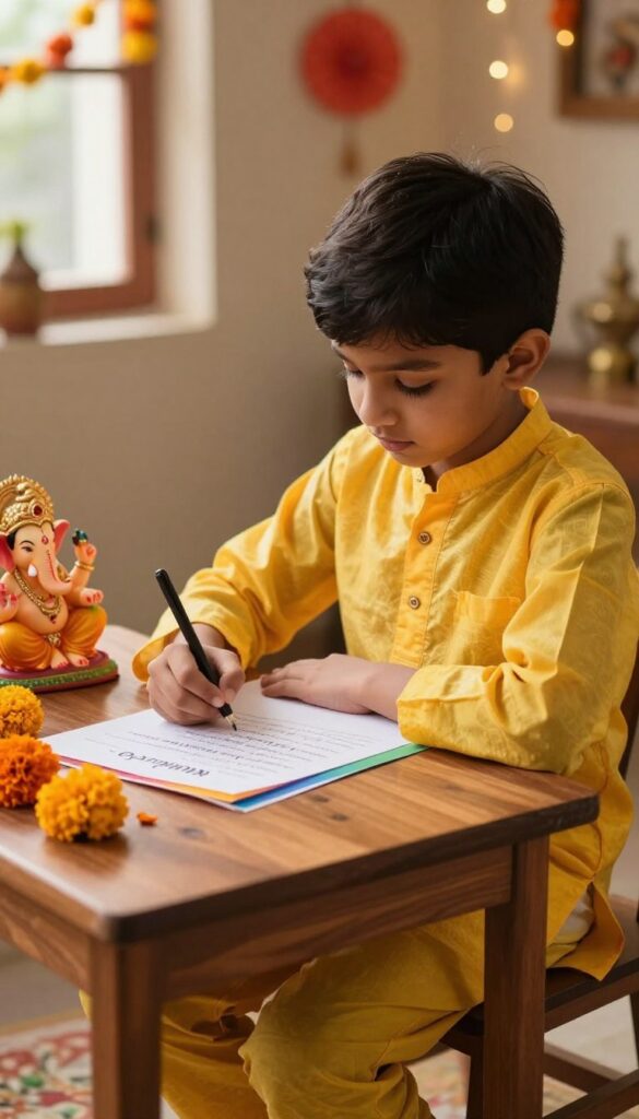 A child writing respectful Ganesh Chaturthi wishes for parents