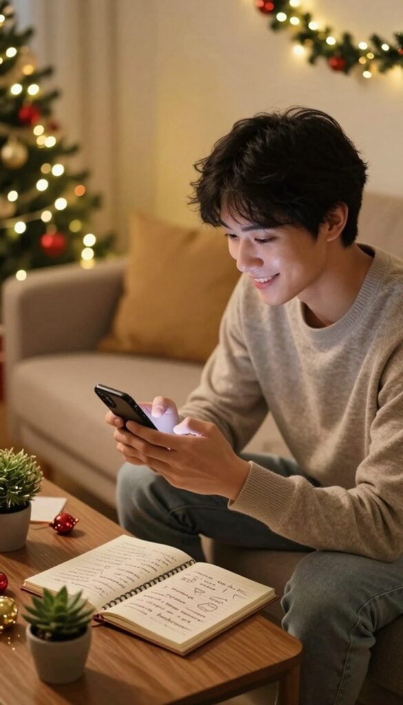 A friend typing short New Year wishes for friends on a phone