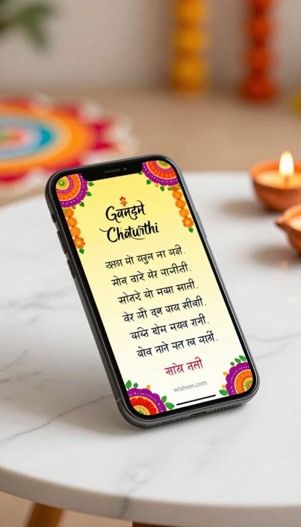A phone screen showing readable Ganesh Chaturthi wishes on an image