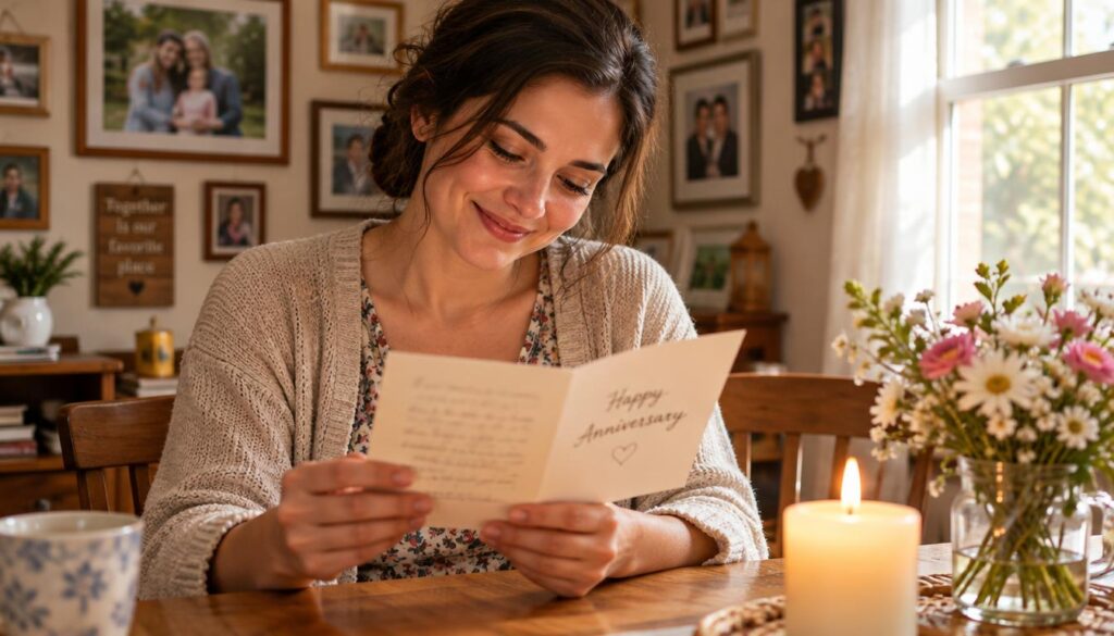 A wife reading heartfelt anniversary wishes in a handwritten card A wife reading heartfelt anniversary wishes in a handwritten card