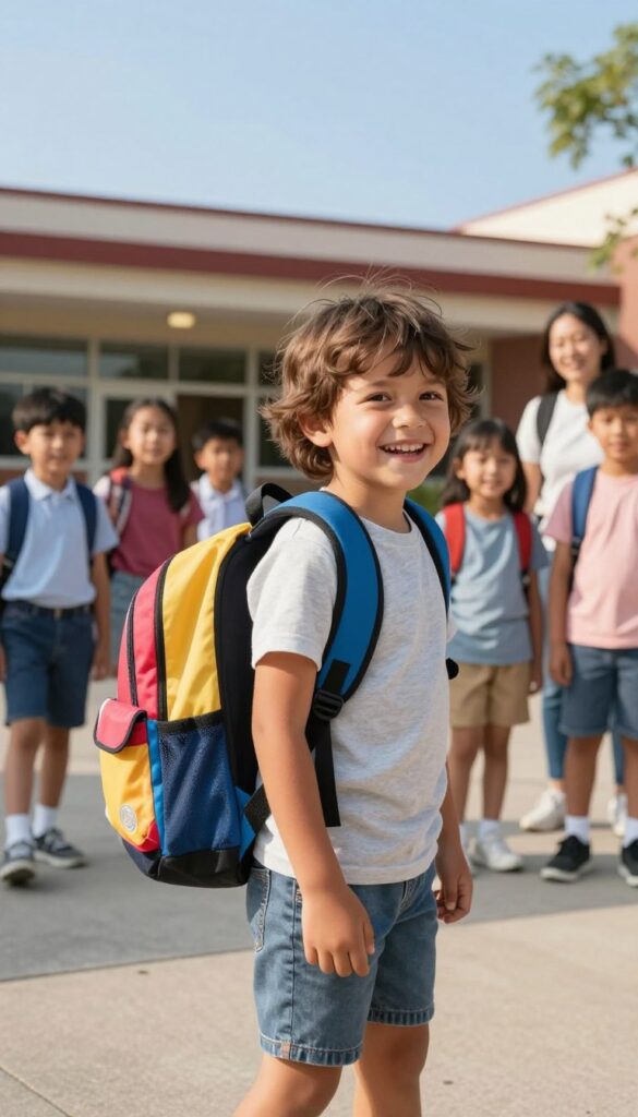Child carrying a backpack on the first day of school Child carrying a backpack on the first day of school
