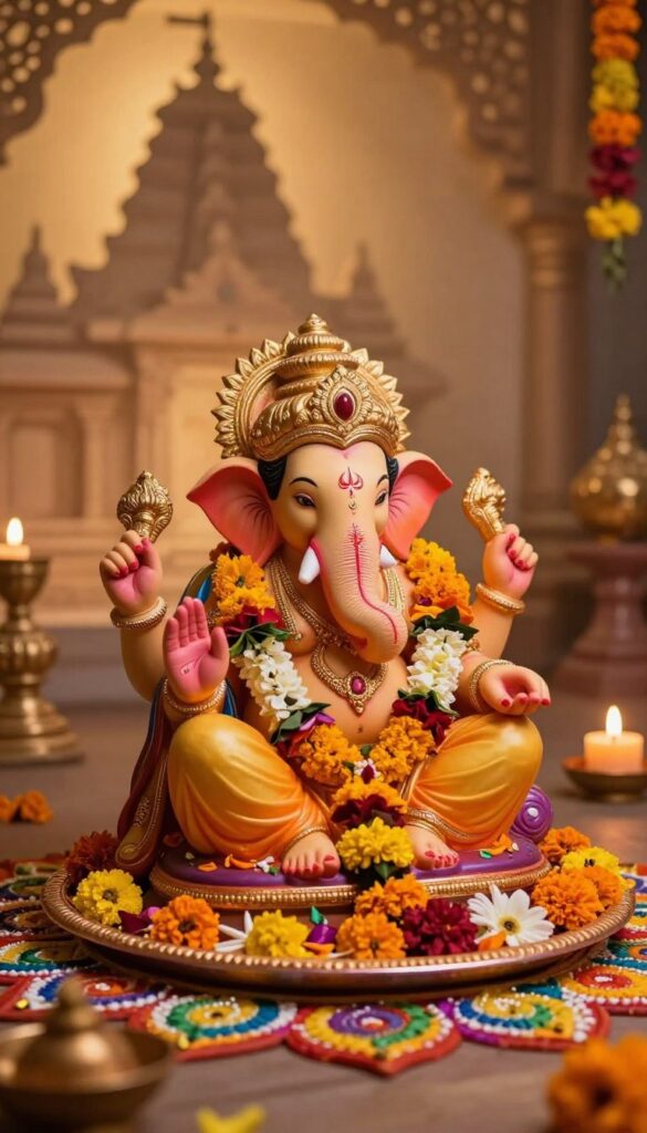 Devotional Ganesh Chaturthi greetings beside an idol and flowers