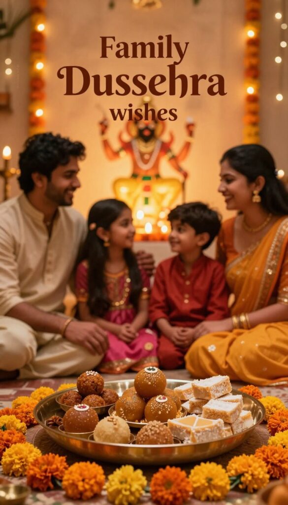 Family Dussehra wishes on a festive greeting image Family Dussehra wishes on a festive greeting image