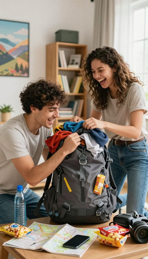 Friend laughing over an overpacked bag before an adventure