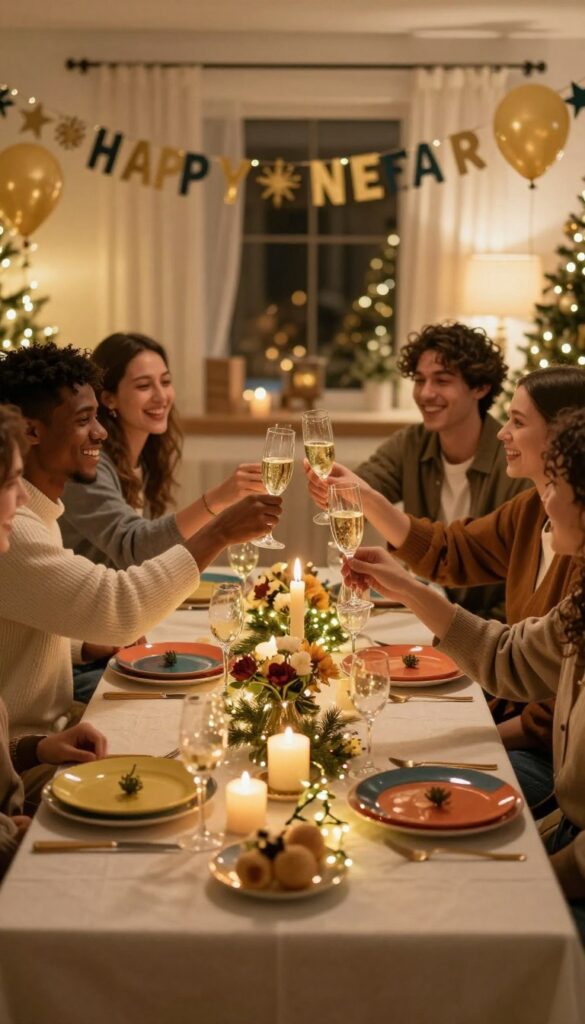 Friends sharing warm new year wishes over a celebration meal