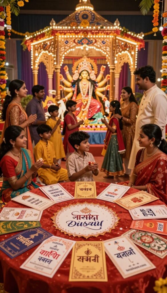 Hindi and Bengali greetings beside a Durga Puja celebration Hindi and Bengali greetings beside a Durga Puja celebration
