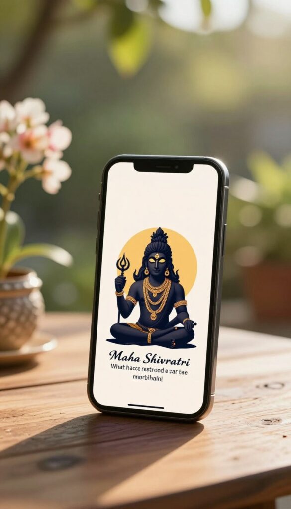 Morning sunlight beside a phone displaying Shivratri wishes