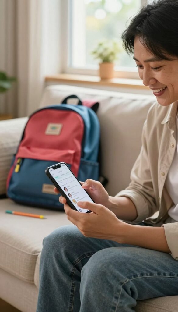 Parent texting a child a happy first day message Parent texting a child a happy first day message