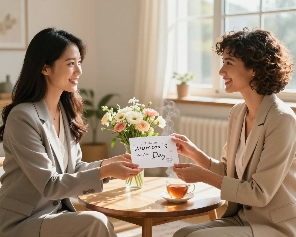 Partners sharing a thoughtful Women's Day wishes note