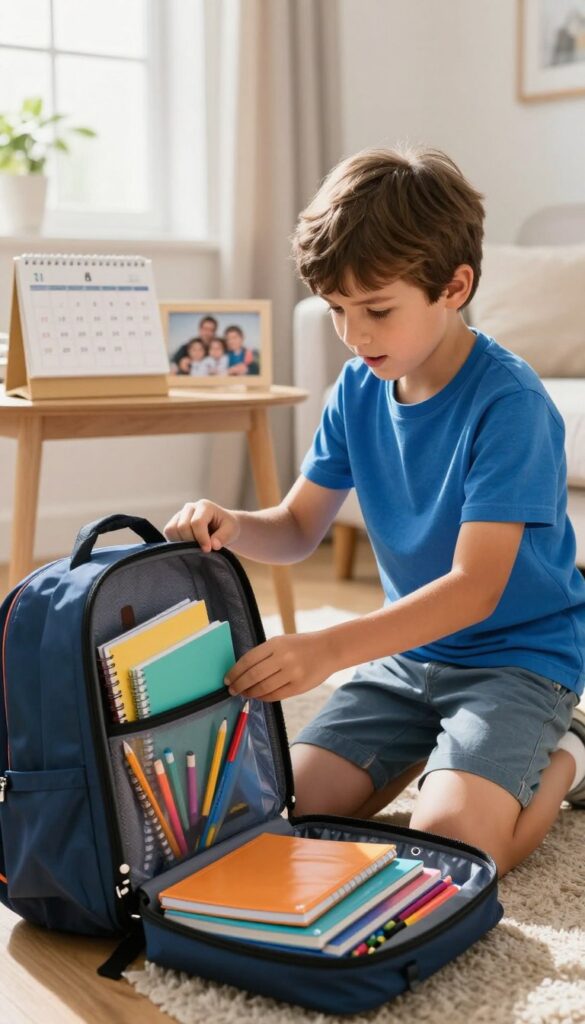 Son checking his school bag before the first day Son checking his school bag before the first day